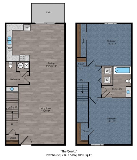 The Quartz - 2 Bed 1.5 Bath Floor Plan at Bayside Apartment Homes, Hilliard, 43026